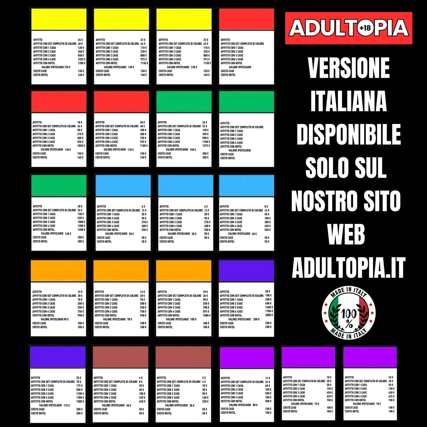 Carte proprietà Adultopoly - contratti con affitti e case per gioco da tavolo per adulti versione italiana | Adultopoly regole complete, monopoly per adulti made in Italy, regalo originale coppia