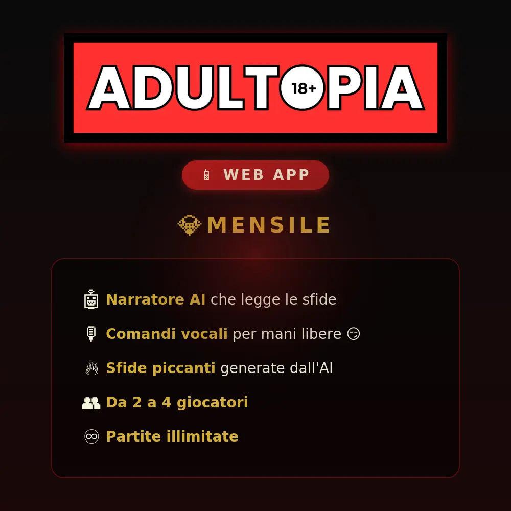 App Adultopia aperta sul telefono, luce calda su fondo nero, pronta per una serata in due a distanza