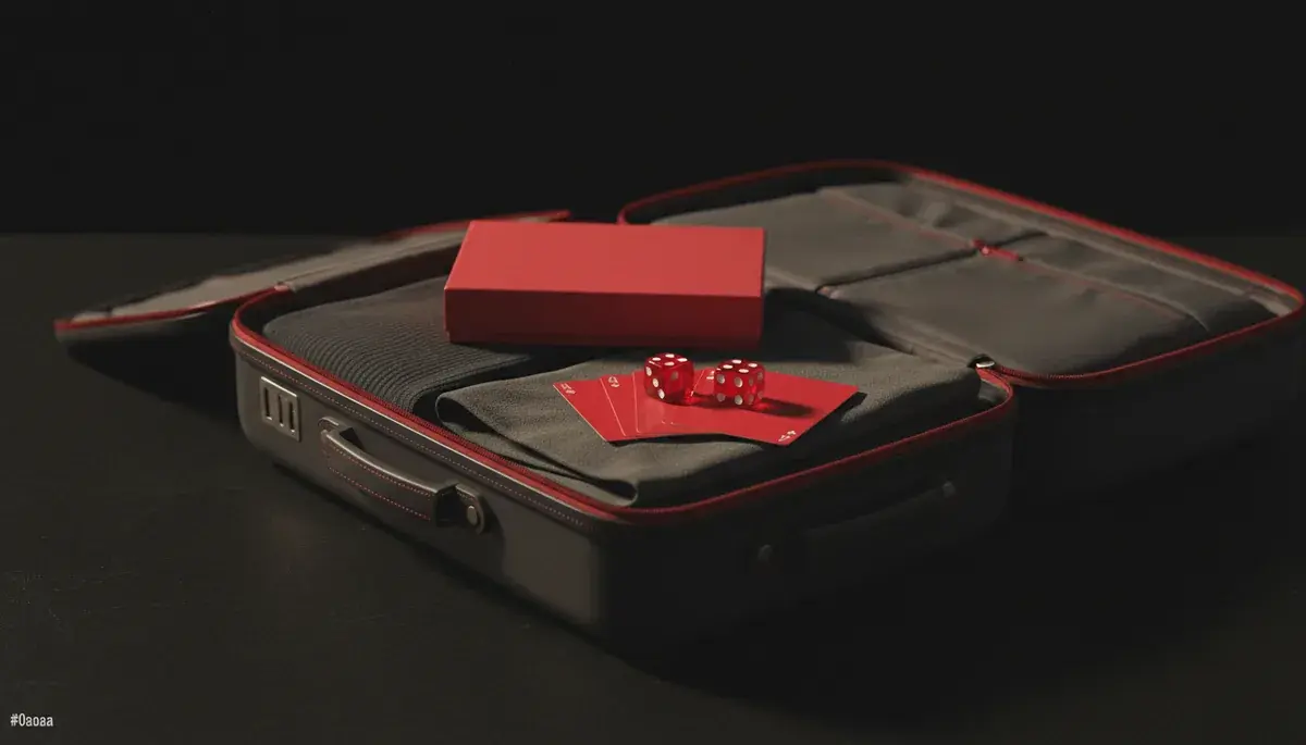 Valigia aperta con un gioco da tavolo compatto e carte, pronta per le vacanze
