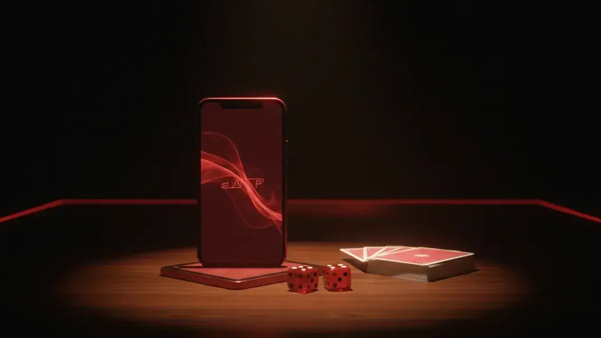Un telefono appoggiato accanto alla scatola Adultopia, luce calda su fondo nero, pronto per una serata in due
