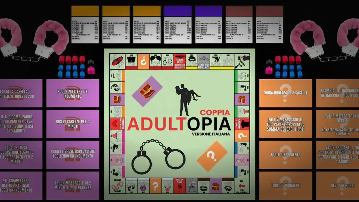 Il contenuto della scatola Adultopia disposto sul tavolo: tabellone, carte, dadi