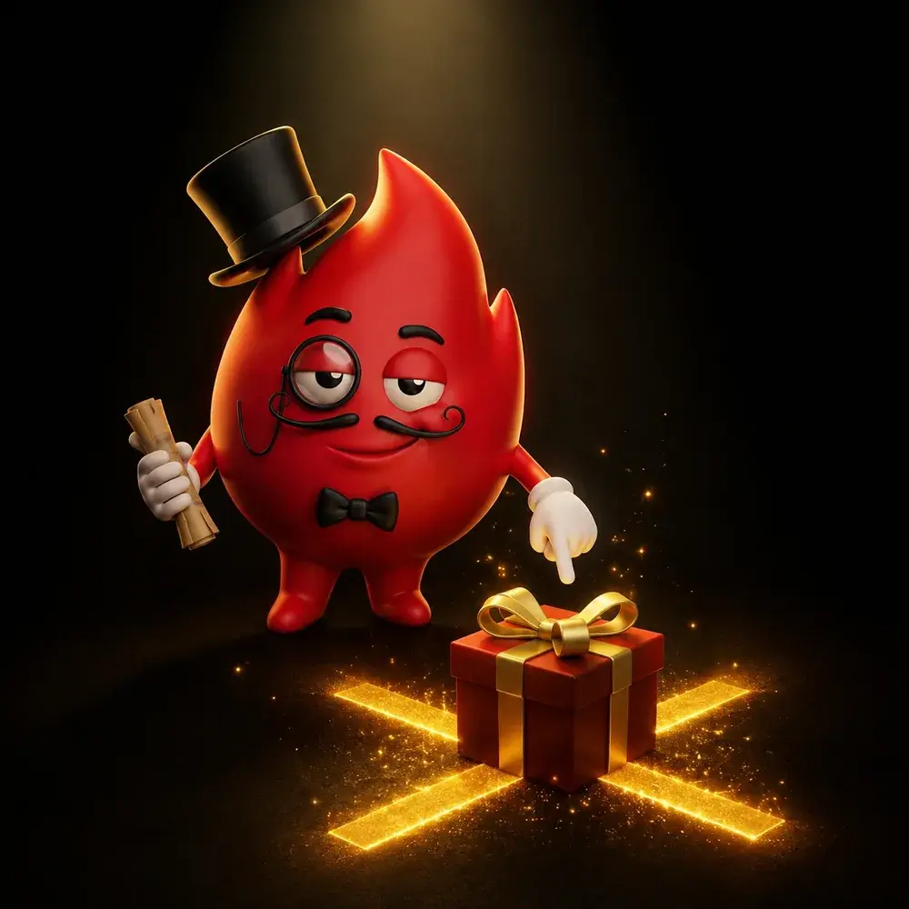 Una X luminosa disegnata sul pavimento con un pacco regalo sopra, luce calda su fondo nero