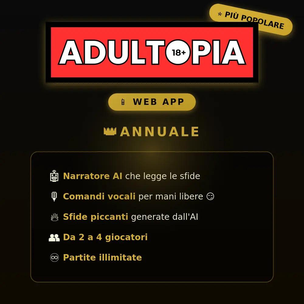 Schermata dell'app Adultopia per coppie su fondo scuro con luce calda