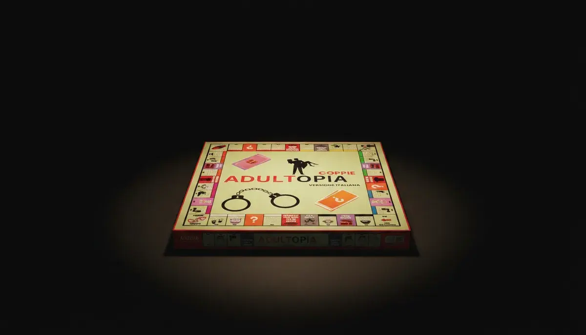La scatola del gioco da tavolo per adulti Adultopia su un tavolo scuro, luce calda dall'alto
