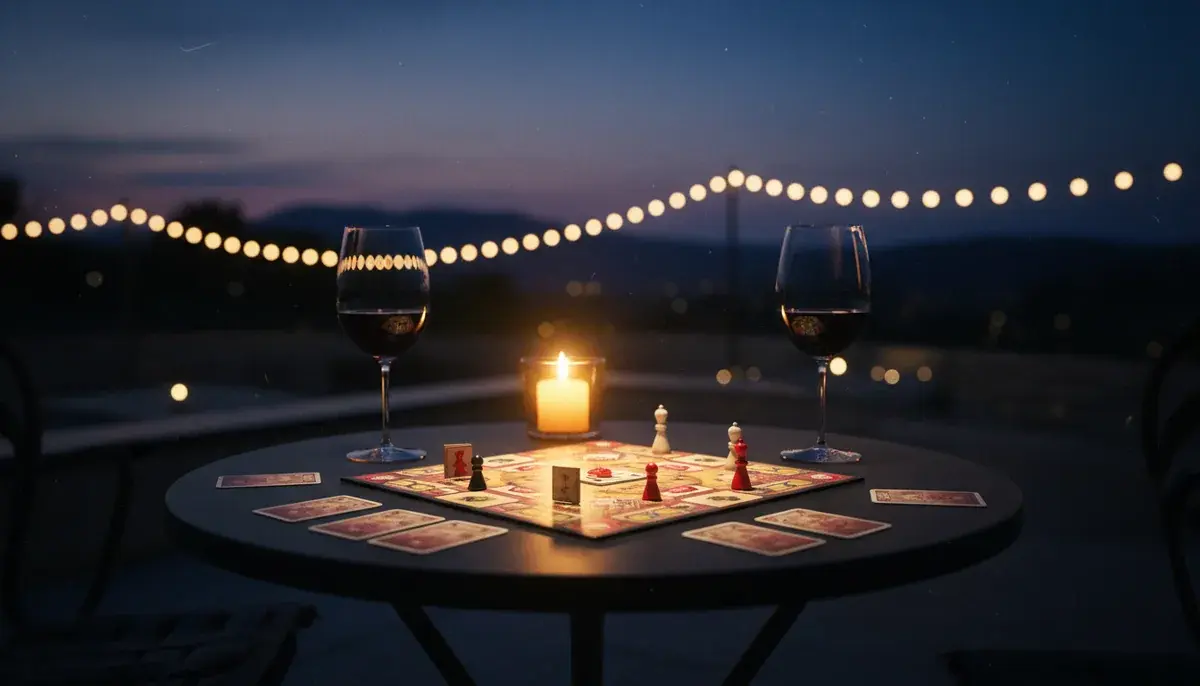 Il tabellone di Adultopia su un tavolino da terrazzo al tramonto, con luci e vino