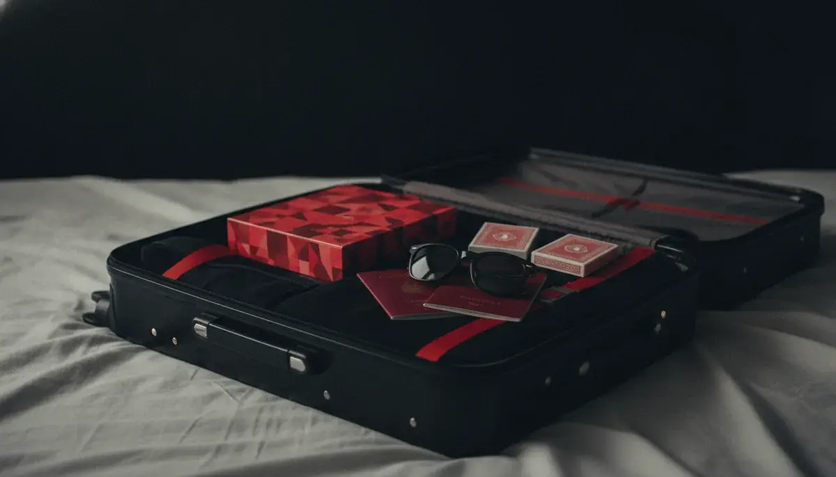 Valigia aperta con un gioco da tavolo da viaggio per una coppia in vacanza