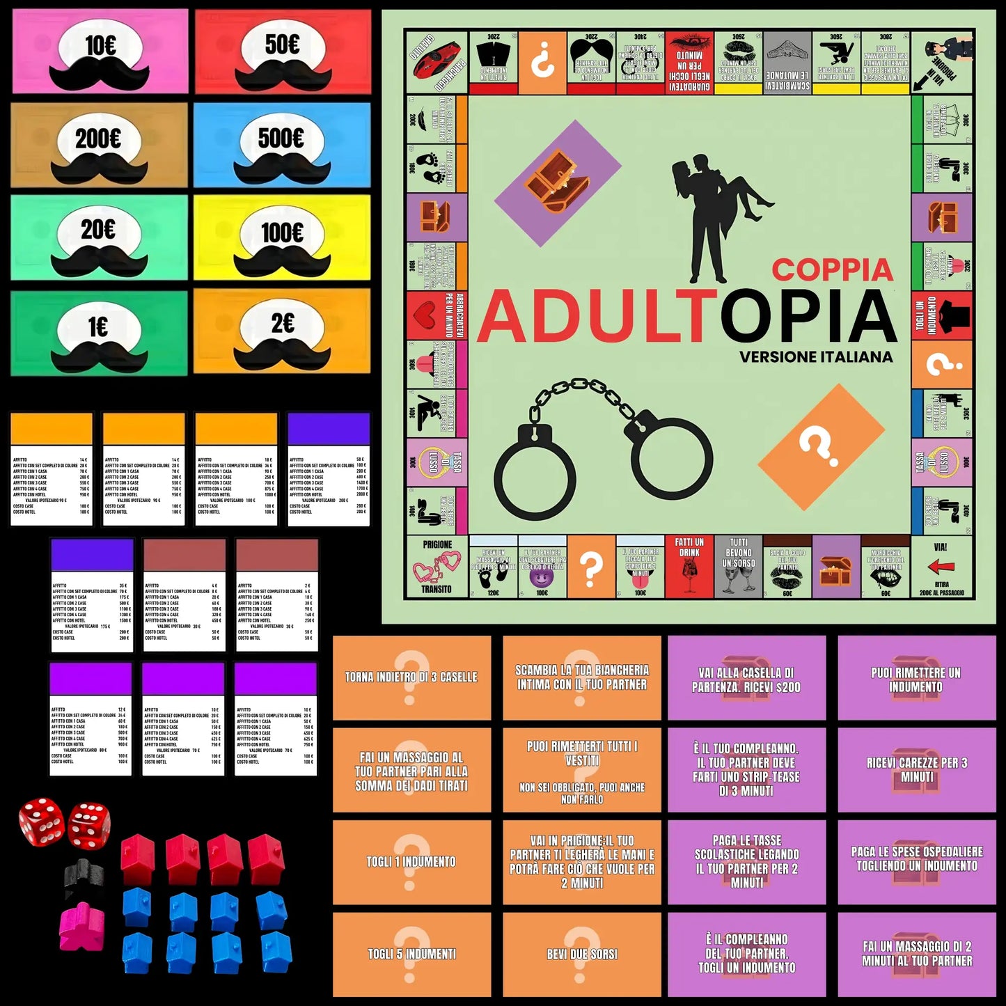 Contenuto completo Adultopoly in italiano: tabellone, casette, alberghi, dadi, banconote e carte sfida - gioco da tavolo per coppie con regole | Monopoly adulti versione italiana