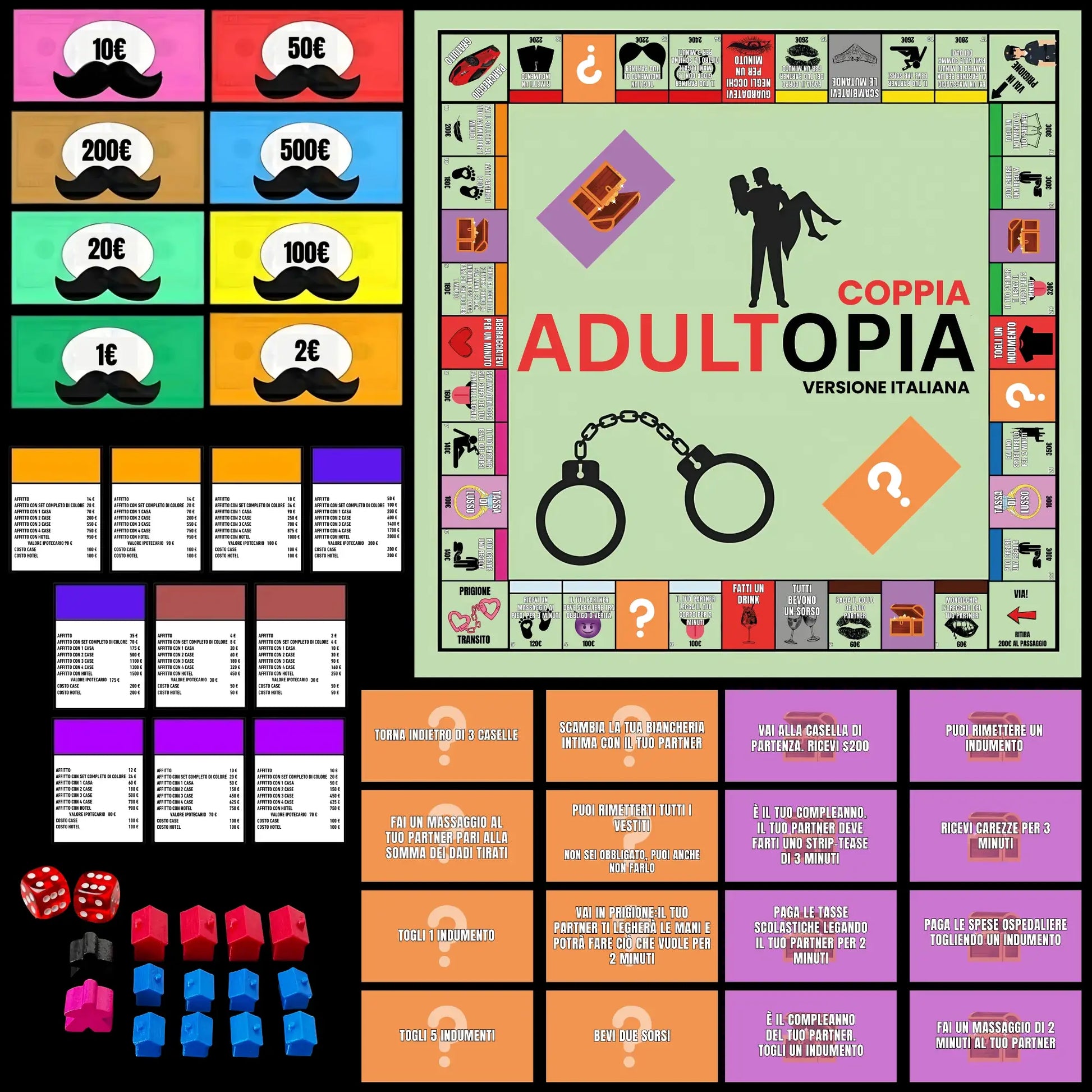 Contenuto completo Adultopoly in italiano: tabellone, casette, alberghi, dadi, banconote e carte sfida - gioco da tavolo per coppie con regole | Monopoly adulti versione italiana