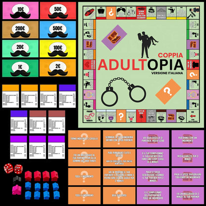 Contenuto completo Adultopoly in italiano: tabellone, casette, alberghi, dadi, banconote e carte sfida - gioco da tavolo per coppie con regole | Monopoly adulti versione italiana